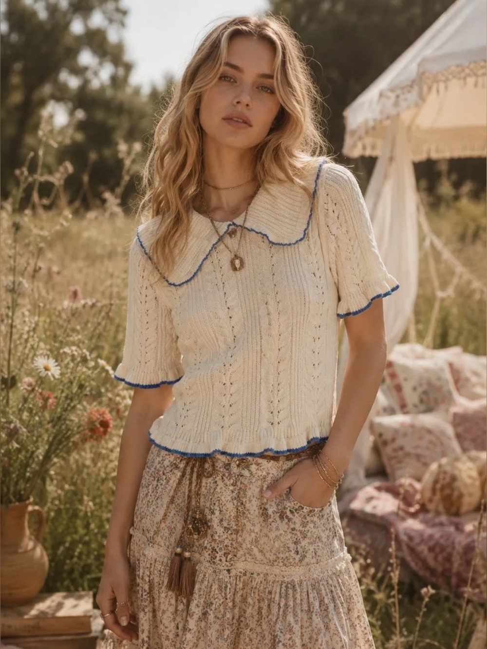 216 • Evelyn Knit Top | Cream Sailor Collar Eyelet Sweater Top